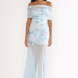 Clarita Sheer Ruched Maxi Dress Embellished Blue