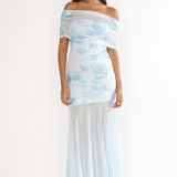 Clarita Sheer Ruched Maxi Dress Embellished Blue