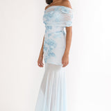 Clarita Sheer Ruched Maxi Dress Embellished Blue