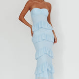 Dulce Dreams Sweetheart Neckline Frill Maxi Dress Blue
