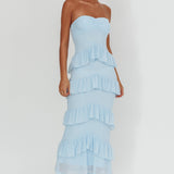 Dulce Dreams Sweetheart Neckline Frill Maxi Dress Blue