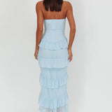 Dulce Dreams Sweetheart Neckline Frill Maxi Dress Blue