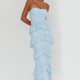 Dulce Dreams Sweetheart Neckline Frill Maxi Dress Blue