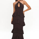 Dulce Dreams Halterneck Frill Maxi Dress Chocolate