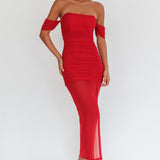 Melonie Off-Shoulder Mesh Maxi Dress Red