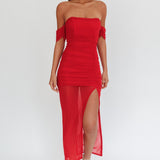 Melonie Off-Shoulder Mesh Maxi Dress Red