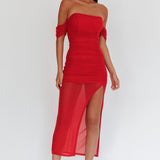 Melonie Off-Shoulder Mesh Maxi Dress Red