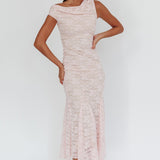 Diana Asymmetric Shoulder Godet Maxi Dress Lace Pink