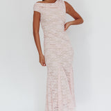 Diana Asymmetric Shoulder Godet Maxi Dress Lace Pink