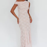 Diana Asymmetric Shoulder Godet Maxi Dress Lace Pink