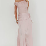 Diana Asymmetric Shoulder Pleat Waist Maxi Dress Blush