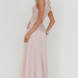 Diana Asymmetric Shoulder Pleat Waist Maxi Dress Blush