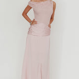 Diana Asymmetric Shoulder Pleat Waist Maxi Dress Blush