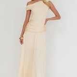 Diana Asymmetric Shoulder Pleat Waist Maxi Dress Butter