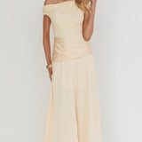 Diana Asymmetric Shoulder Pleat Waist Maxi Dress Butter