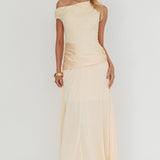 Diana Asymmetric Shoulder Pleat Waist Maxi Dress Butter
