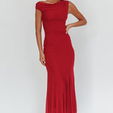 Diana Asymmetric Shoulder Godet Maxi Dress Wine