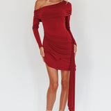 Afroditi Side Sash Draped Mini Dress Wine