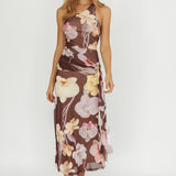 Kimbra Waist Sash Maxi Dress Floral Brown