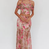 Sunset High Sheer Hem Maxi Skirt Floral Blush