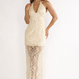 One Night Halterneck Maxi Dress Sequin Butter