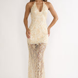 One Night Halterneck Maxi Dress Sequin Butter