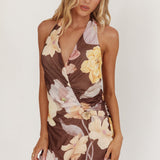 Joa Halterneck Mini Dress Floral Brown