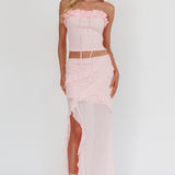 Frosted Sugar Ruffle Trim Split Midi Skirt Pink