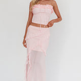 Frosted Sugar Ruffle Trim Split Midi Skirt Pink
