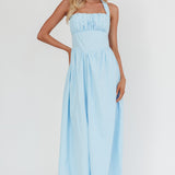 Irisa Elasticated Halter Maxi Dress Ice Blue