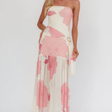 Antonella Strapless Waist Sash Maxi Dress Floral Pink