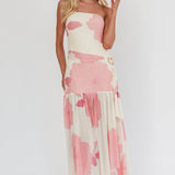 Antonella Strapless Waist Sash Maxi Dress Floral Pink