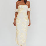 Roman Holiday Puff Sleeve Embellished Midi Dress Gold
