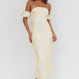 Roman Holiday Puff Sleeve Embellished Midi Dress Gold