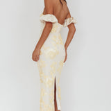 Roman Holiday Puff Sleeve Embellished Midi Dress Gold
