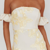 Roman Holiday Puff Sleeve Embellished Midi Dress Gold