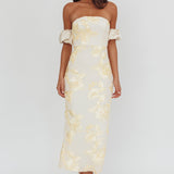 Roman Holiday Puff Sleeve Embellished Midi Dress Gold