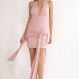 Adair Halterneck Waist Sash Mini Dress Blush