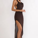 Make It Count Backless Cowl Maxi Dress Chocolate