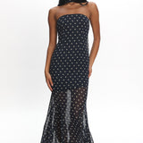 Calluna Strapless Sheer Godet Hem Maxi Dress Print Navy