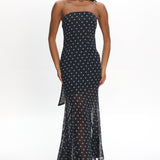 Calluna Strapless Sheer Godet Hem Maxi Dress Print Navy