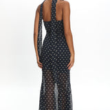 Calluna Strapless Sheer Godet Hem Maxi Dress Print Navy