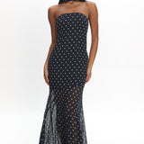 Calluna Strapless Sheer Godet Hem Maxi Dress Print Navy