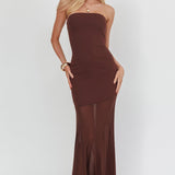 Calluna Strapless Sheer Godet Hem Maxi Dress Chocolate