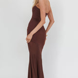Calluna Strapless Sheer Godet Hem Maxi Dress Chocolate