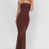 Calluna Strapless Sheer Godet Hem Maxi Dress Chocolate