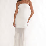 Calluna Strapless Sheer Godet Hem Maxi Dress White