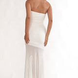Calluna Strapless Sheer Godet Hem Maxi Dress White