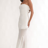 Calluna Strapless Sheer Godet Hem Maxi Dress White