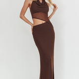 Playing Games Cut-Out Cowl Halter Dress Chocolate